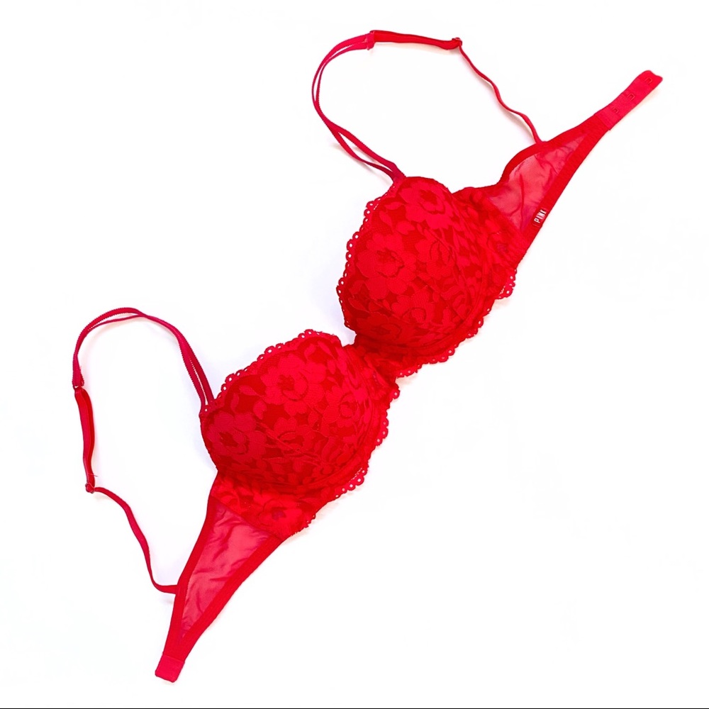 Pink Victoria’s Secret red lace date demi underwire push up bra balconette - Picture 2 of 7
